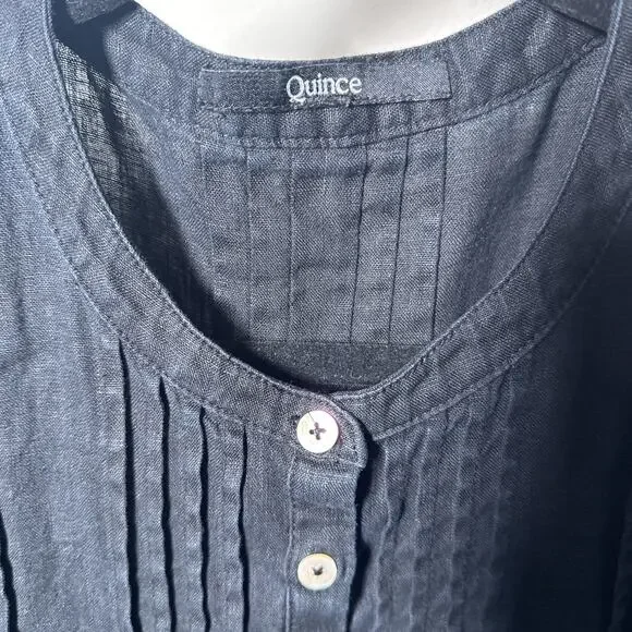 Quince Black Linen Swing Dress Pleated Short Sleeve S - Picture 4 of 9